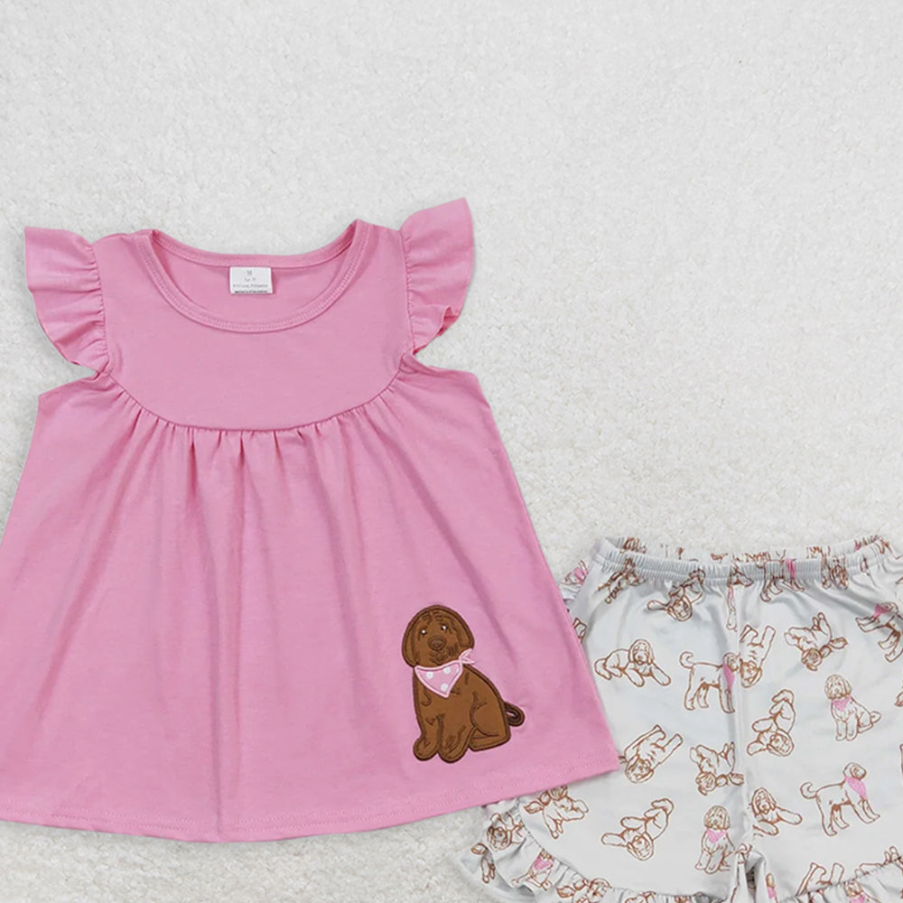 GSSO0581RTS NO MOQ  Baby Girls Summer Outfits Flutter sleeves dog tunic ruffle shorts girls summer clothing