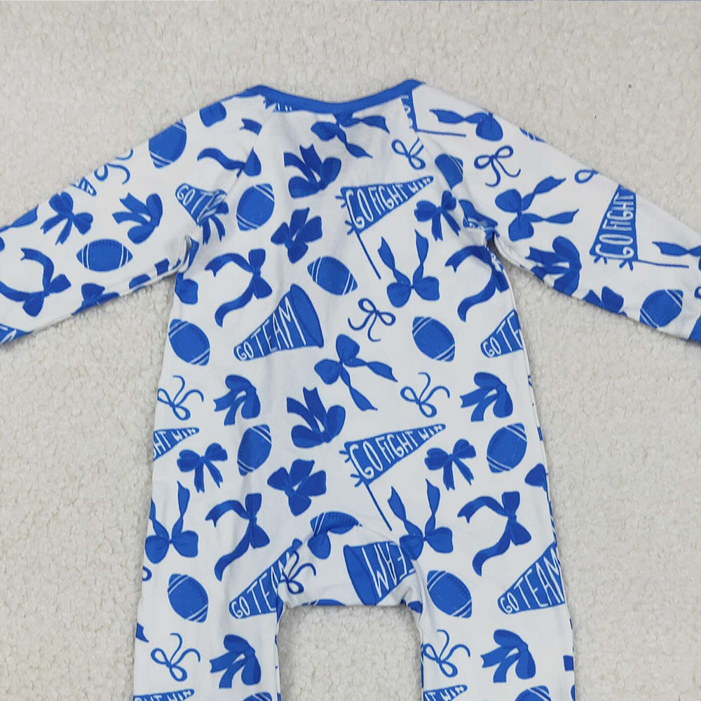 RTS NO MOQ （In stock）LR2511 Baby Girls Winter Rompers Blue Football Bow Ruffle Baby Girls Team Zipper Romper Infant Outfit