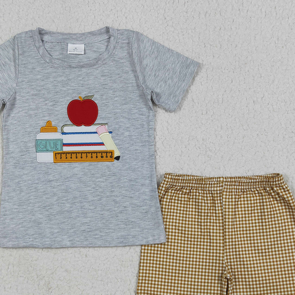 8.13  BSSO1281 RTS NO MOQ Baby Boys Summer Boys Outfits Embroidery Baby Boys Apple Back To School Books Shirt Shorts Sets