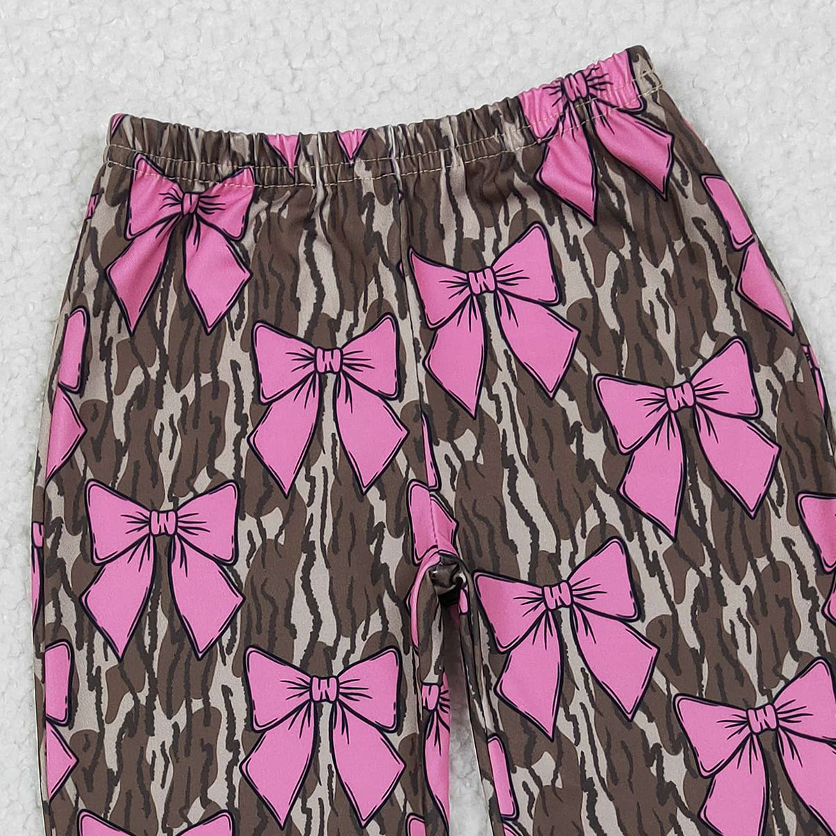 11.4 RTS NO MOQ （In stock）P0896 Baby Girls Olive Camo Pink Bows Bell Bottom Pants