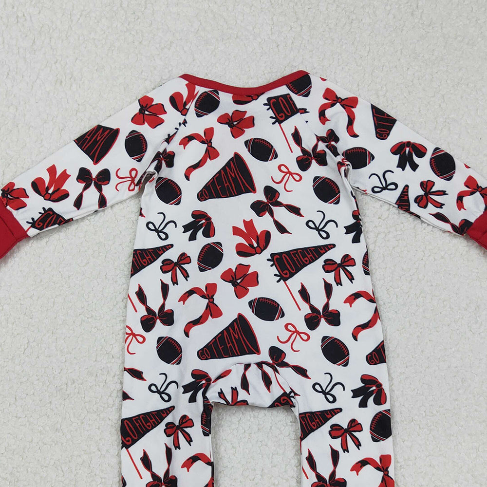 RTS NO MOQ （In stock）LR2512 Baby Girls Winter Rompers Red Bows and Footballs Rompers, Cheer Ruffle, Zipper Team Rompers