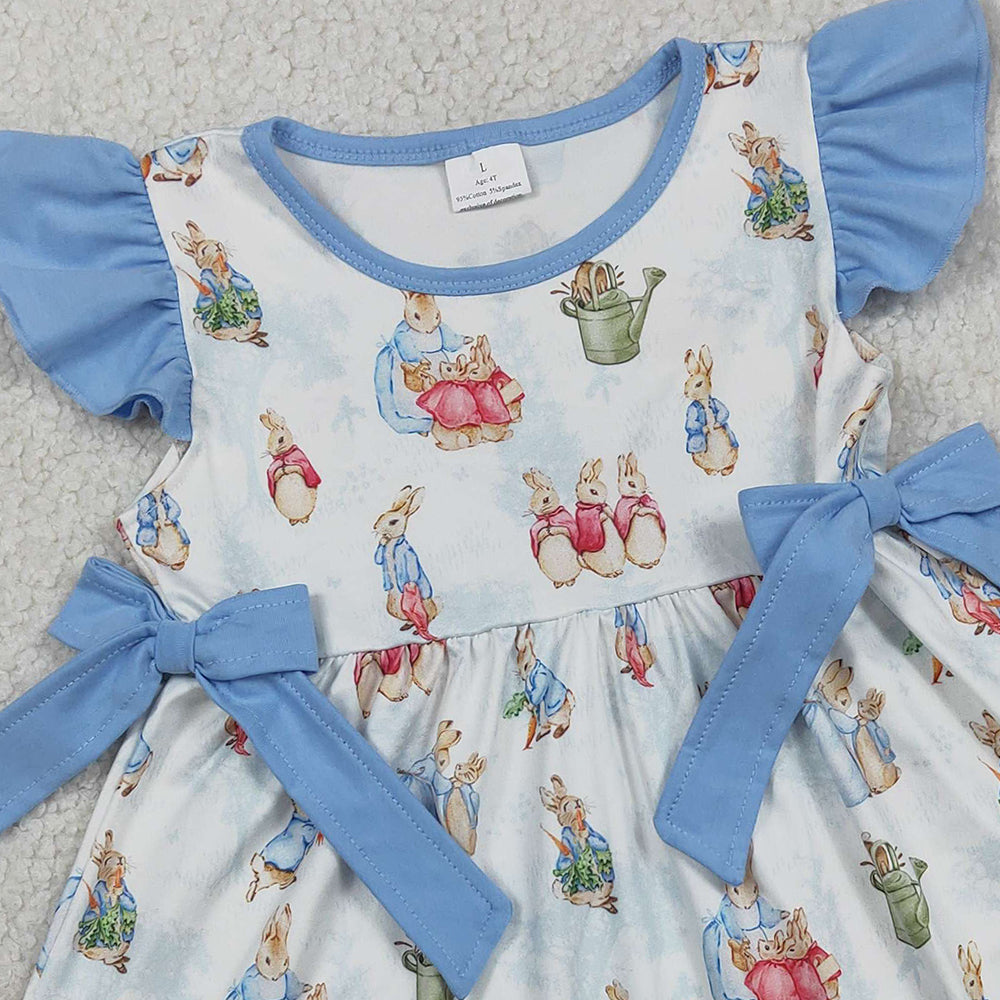 1.28 RTS NO MOQ （In stock）GSD3452 Baby Girls Flutter Sleeve Rabbits Bows Easter Knee Length Dresses