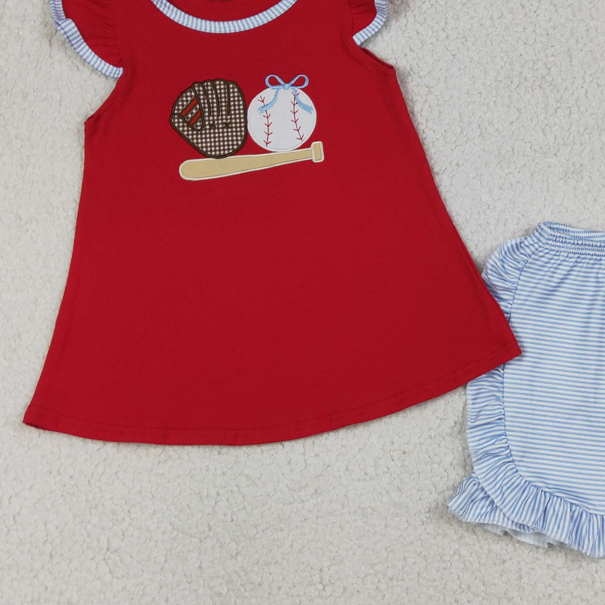 4.3 GSSO3246 RTS NO MOQ （In stock ）Baseball bow top stripe shorts girls summer outfit