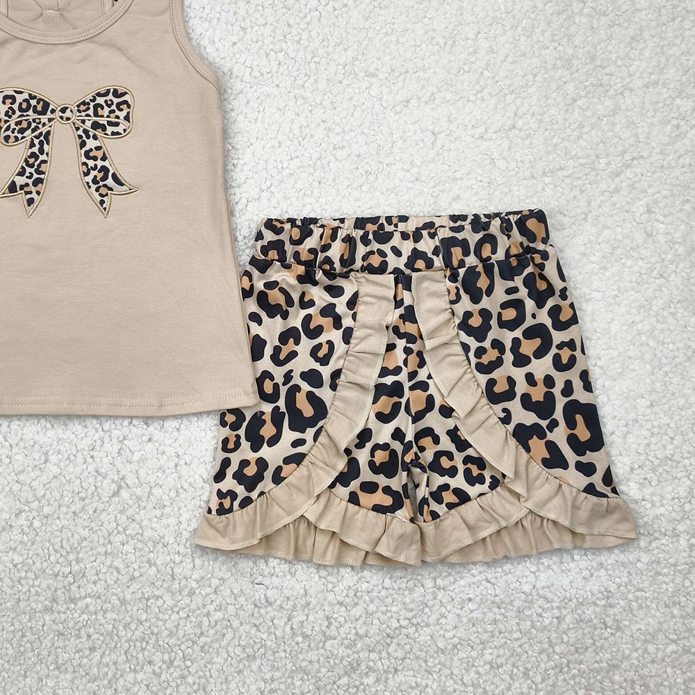 7.14 GSSO1603 RTS NO MOQ Baby Girls Summer Outfits Embroidery Baby Girls Khaki Bow Vest Top Leopard Ruffle Shorts Clothes Sets