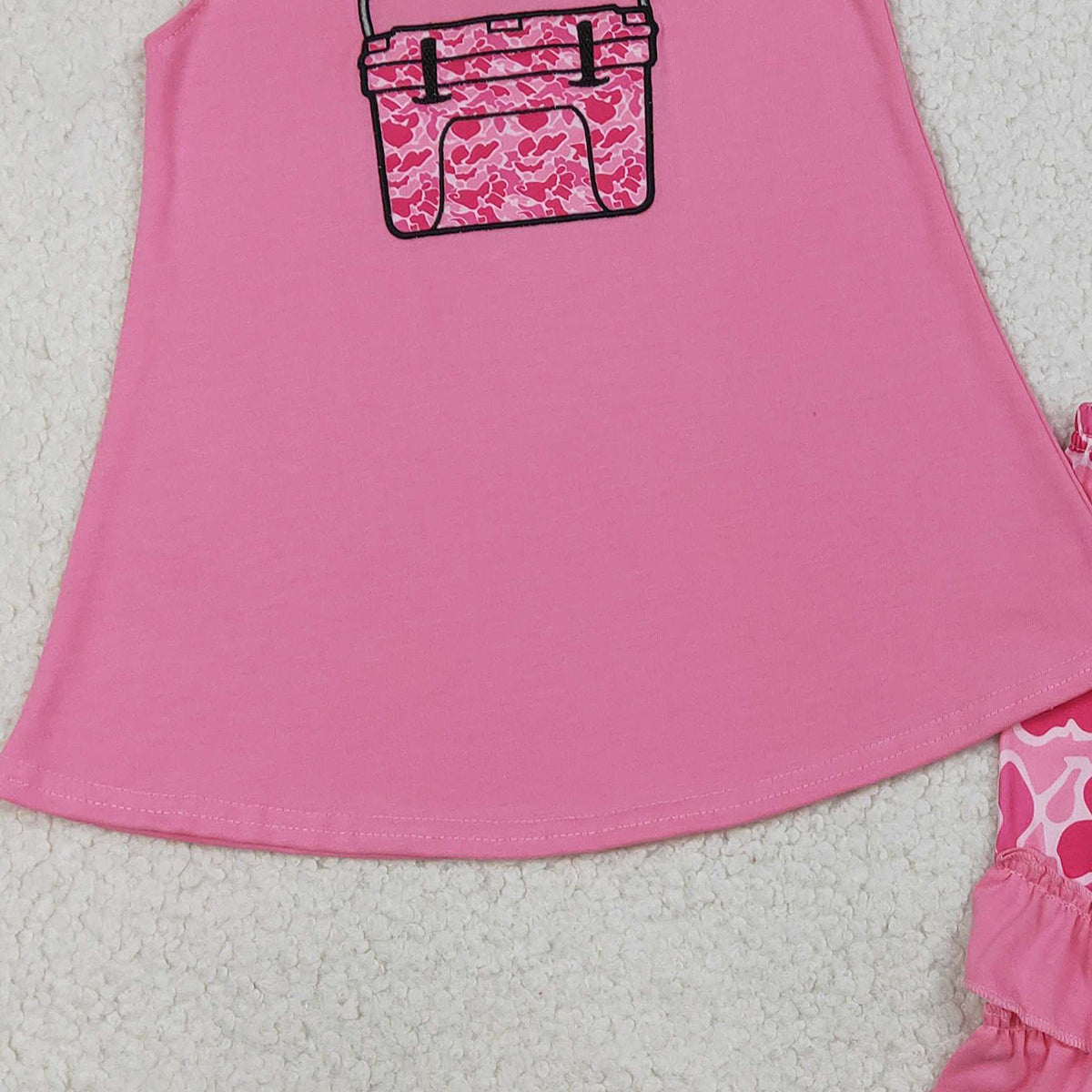 1.14 RTS NO MOQ （In stock）GSSO3002 Embroidery Pink Camo Boxes Baby Girls Tunic Ruffle Shorts Hunting Clothes Sets