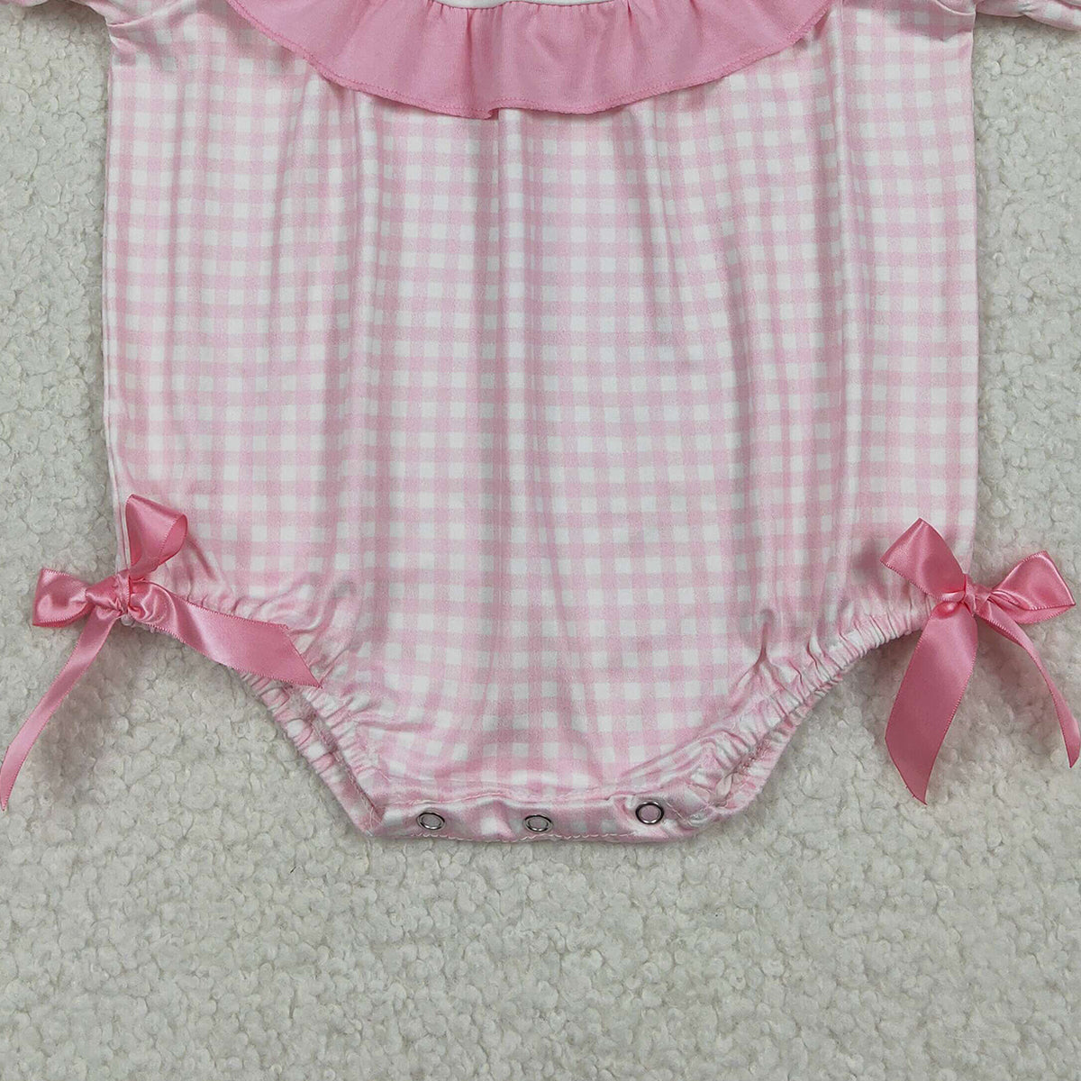 12.24 RTS NO MOQ （In stock）SR3565 Baby Girls Pink Checked Rabbits Chicks Easter Ruffle Rompers