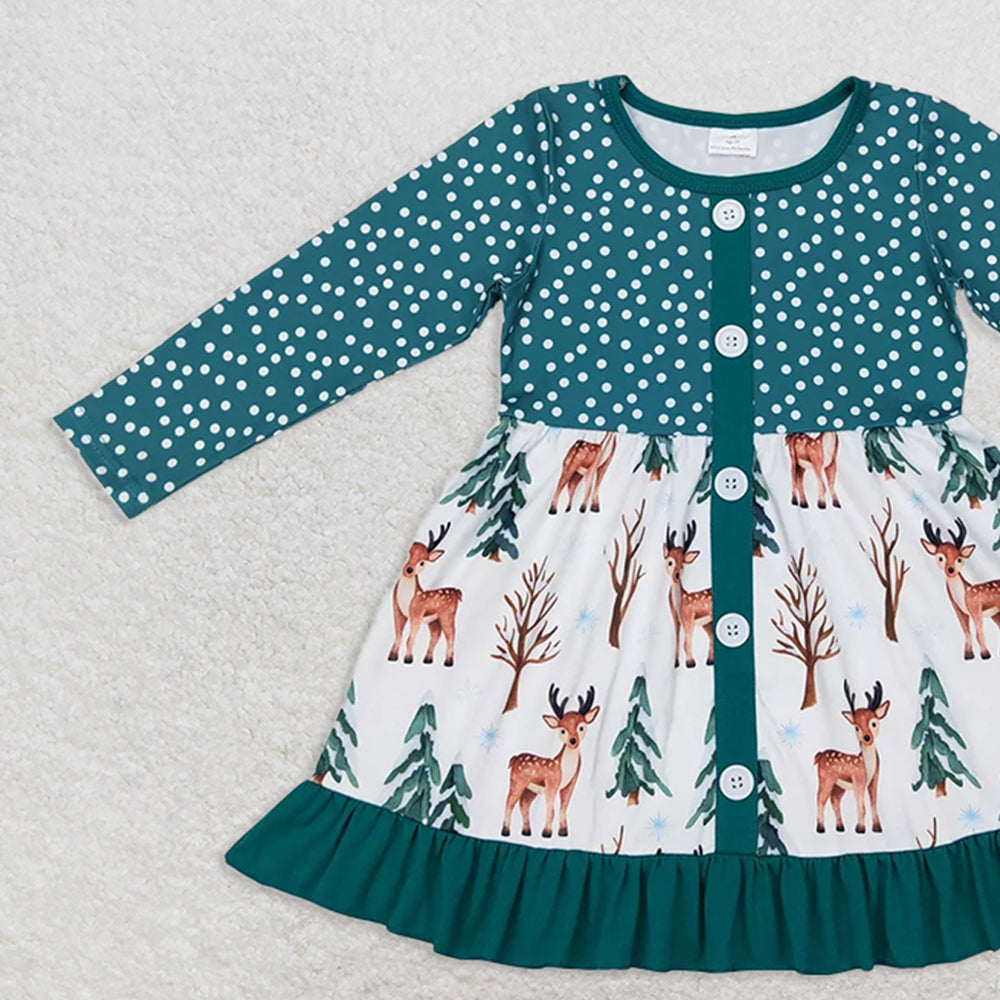 GLD0429 RTS NO MOQ Baby Girls Winter Dress  Baby Girls Christmas Tree Deer Long Sleeve Ruffle Dresses