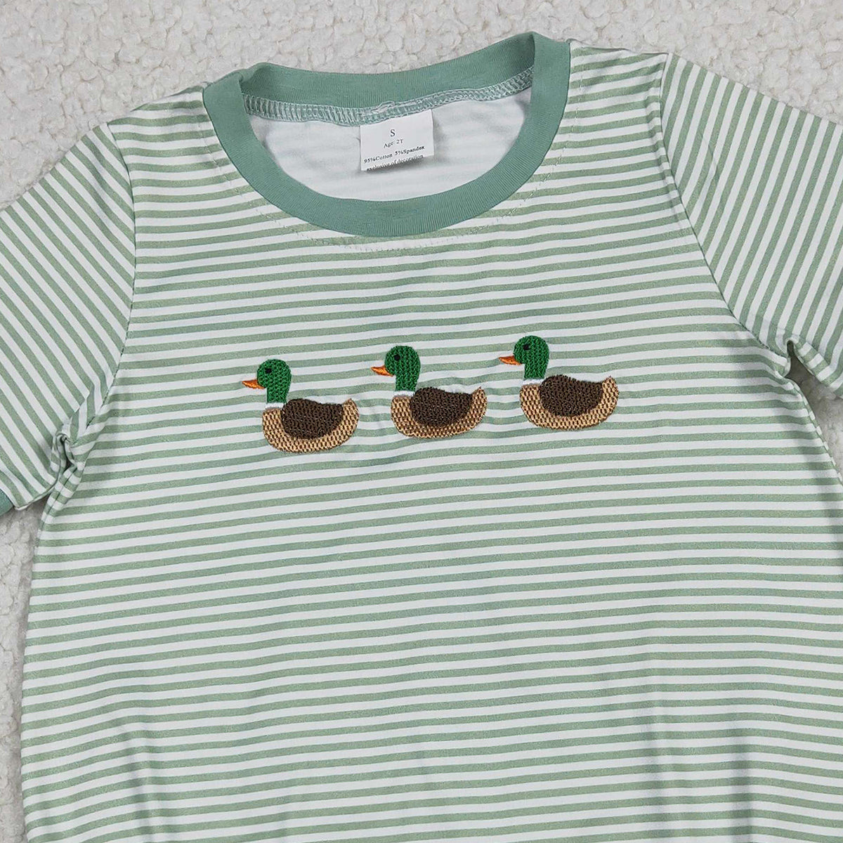 12.24 RTS NO MOQ （In stock）SR3531 Baby Boys Rompers Embroidery Ducks Baby Boys Green Stripe Short Sleeve Hunting Rompers
