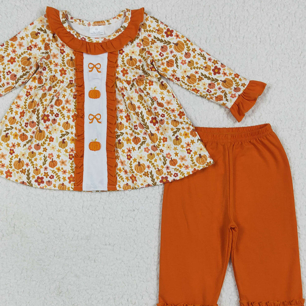 8.16  GLP2361RTS NO MOQ Baby Girls Winter Outfits Embroidery Baby Girls Long Sleeves Bows Pumpkins Floral Tunic Ruffle Pant Set