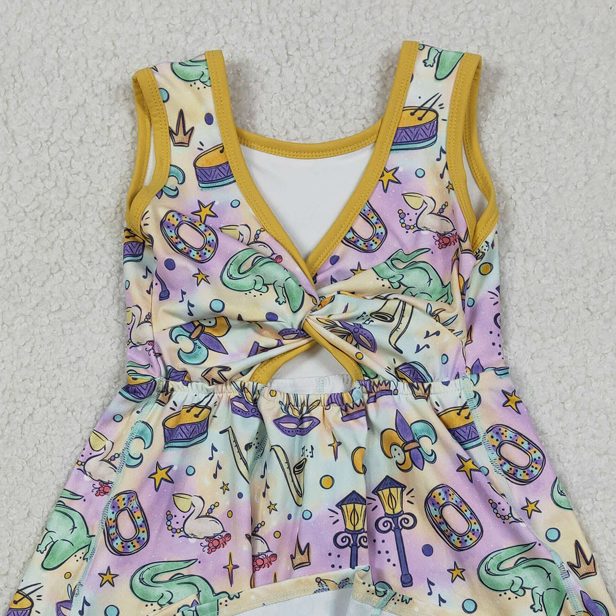 12.23 RTS NO MOQ （In stock）GSD2949 Baby Girls Mardigras Crocodiles Donuts Yoga Active Shorts Knee Length Dresses