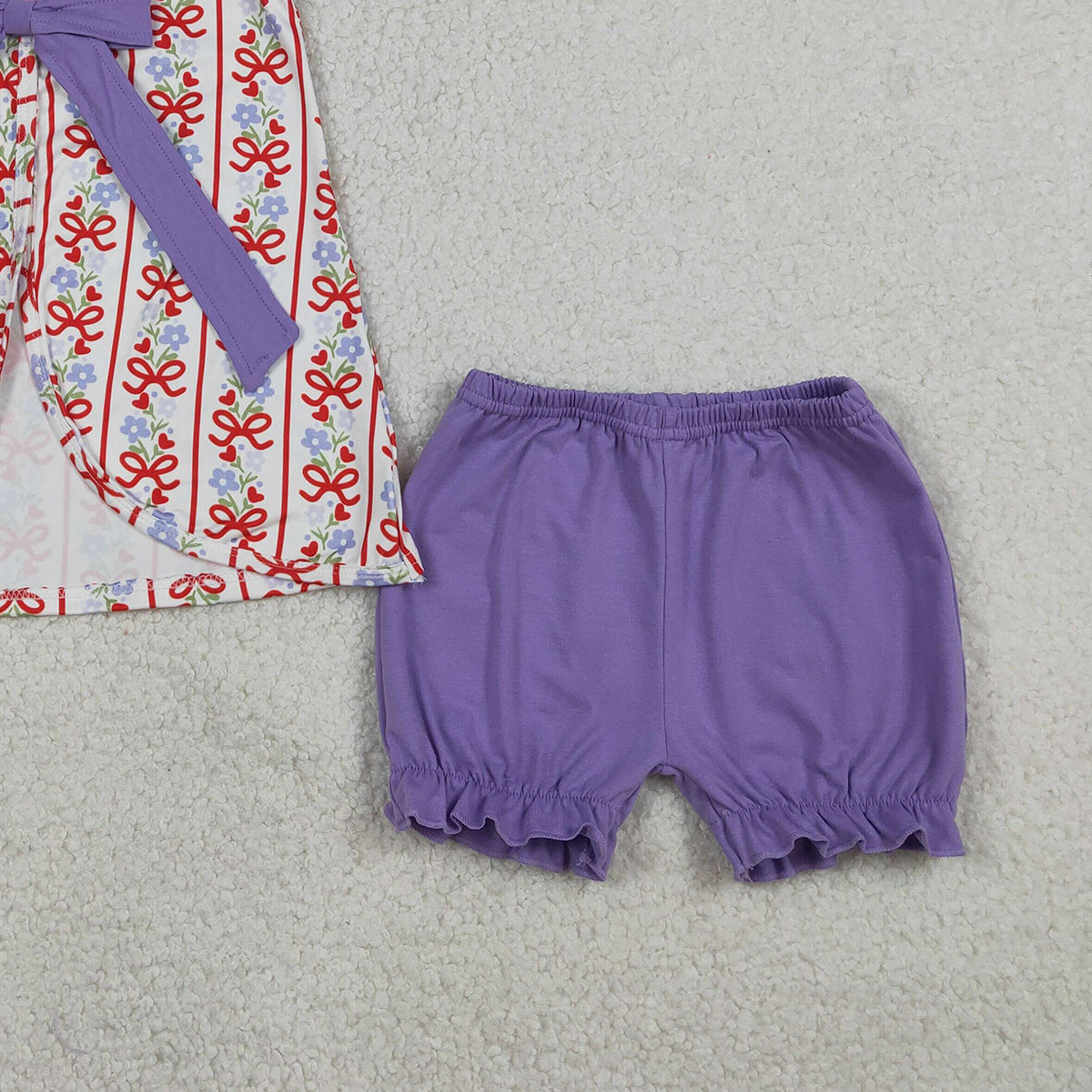 1.15 RTS NO MOQ （In stock）GSSO2785 Baby Girls Bows Flowers Stripe Back Bows Tunic Ruffle Shorts Clothes Sets