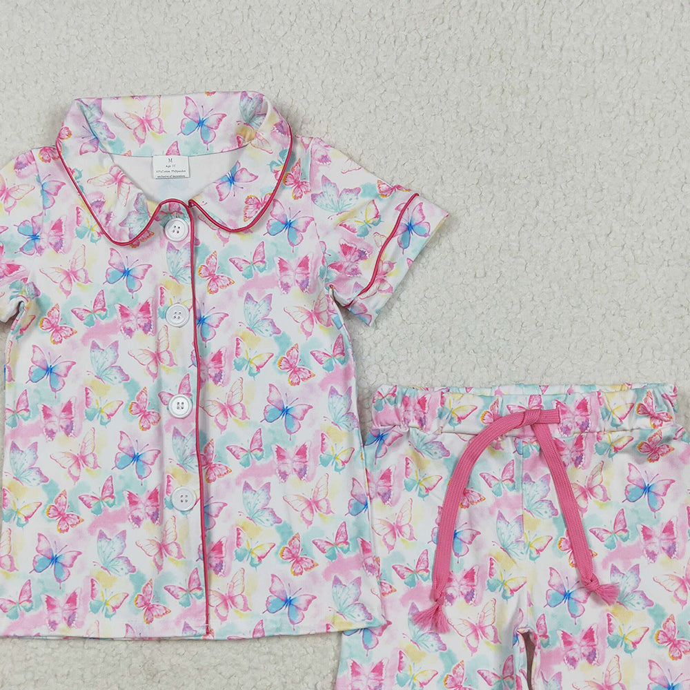 GSSO2601 RTS NO MOQ Baby Girls Summer Outfits Baby Girls Short Sleeves Colorful Butterfly Butter Top Short Pajamas Set