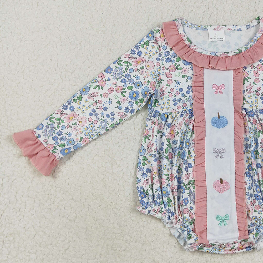 RTS NO MOQ （In stock）LR2273 Baby Girls Winter Rompers Embroidery Baby Girls Long Sleeves Floral Bows Pumpkins Ruffle Rompers