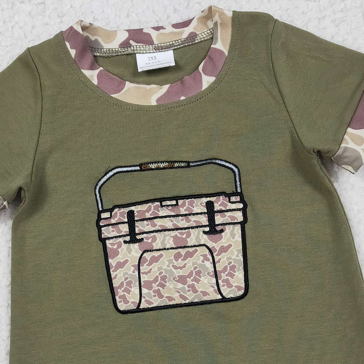1.12 RTS NO MOQ （In stock）SR3761 Baby Boys Rompers Embroidery Camo Boxes Baby Boys Olive Short Sleeve Hunting Rompers