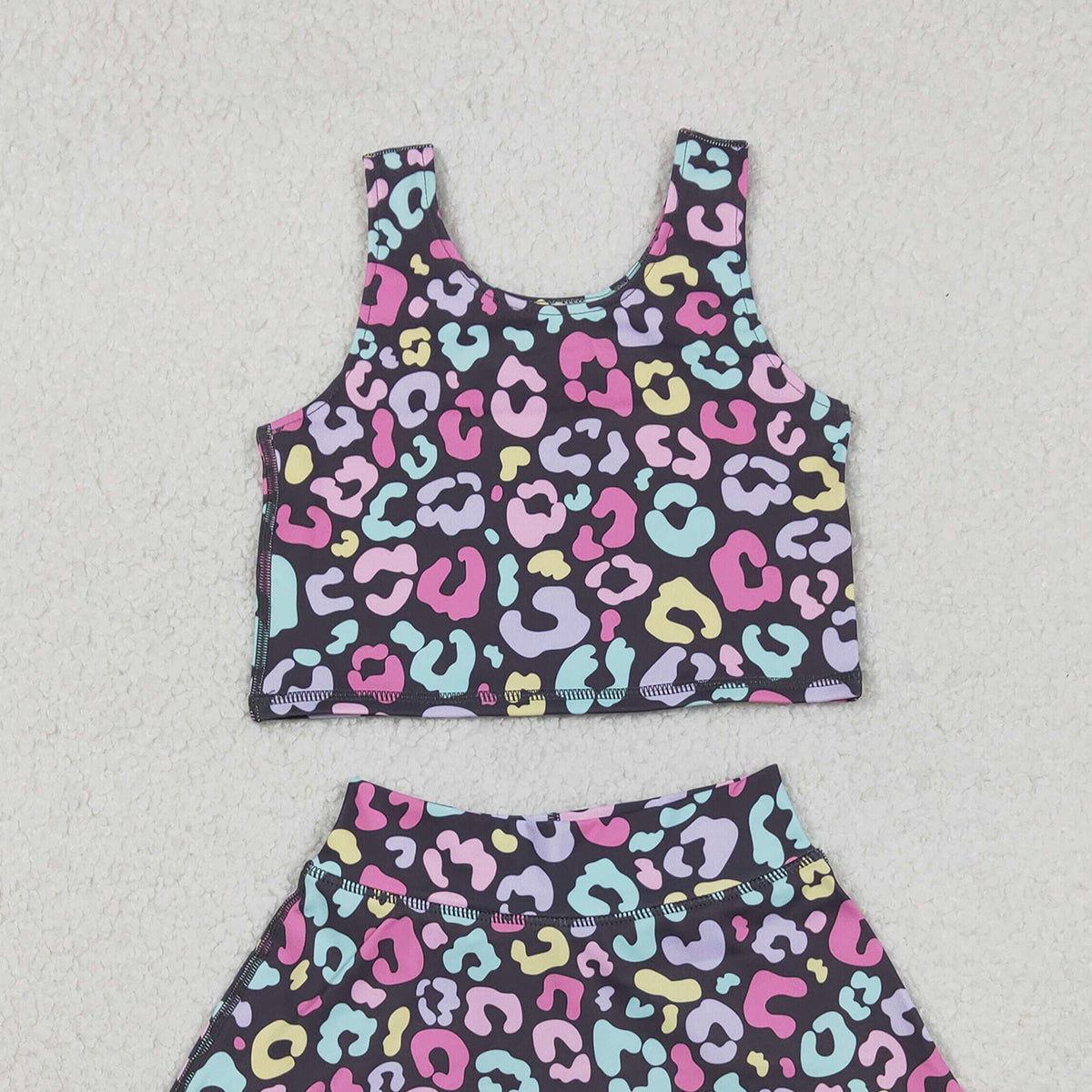11.12 RTS NO MOQ （In stock）GSD2176 Baby Girls Colorful Leopard Vest Top Skirt Shorts Yoga Active Clothes Sets