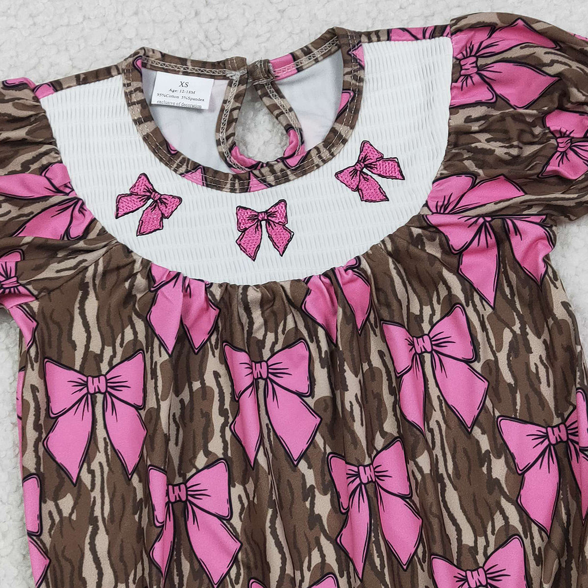 1.24 RTS NO MOQ （In stock）SR3827 Smocked Bows Baby Girls Southern Olive Camo Ruffle Rompers