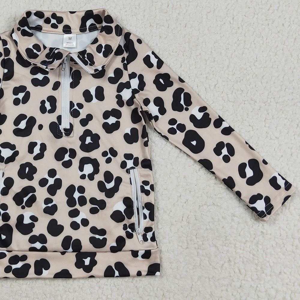 8.22 RTS NO MOQ （In stock）GT1072 Baby Girls Yoga Tops Baby Girls Long Sleeves Black Leopard Pockets Zipper Yoga Jackets
