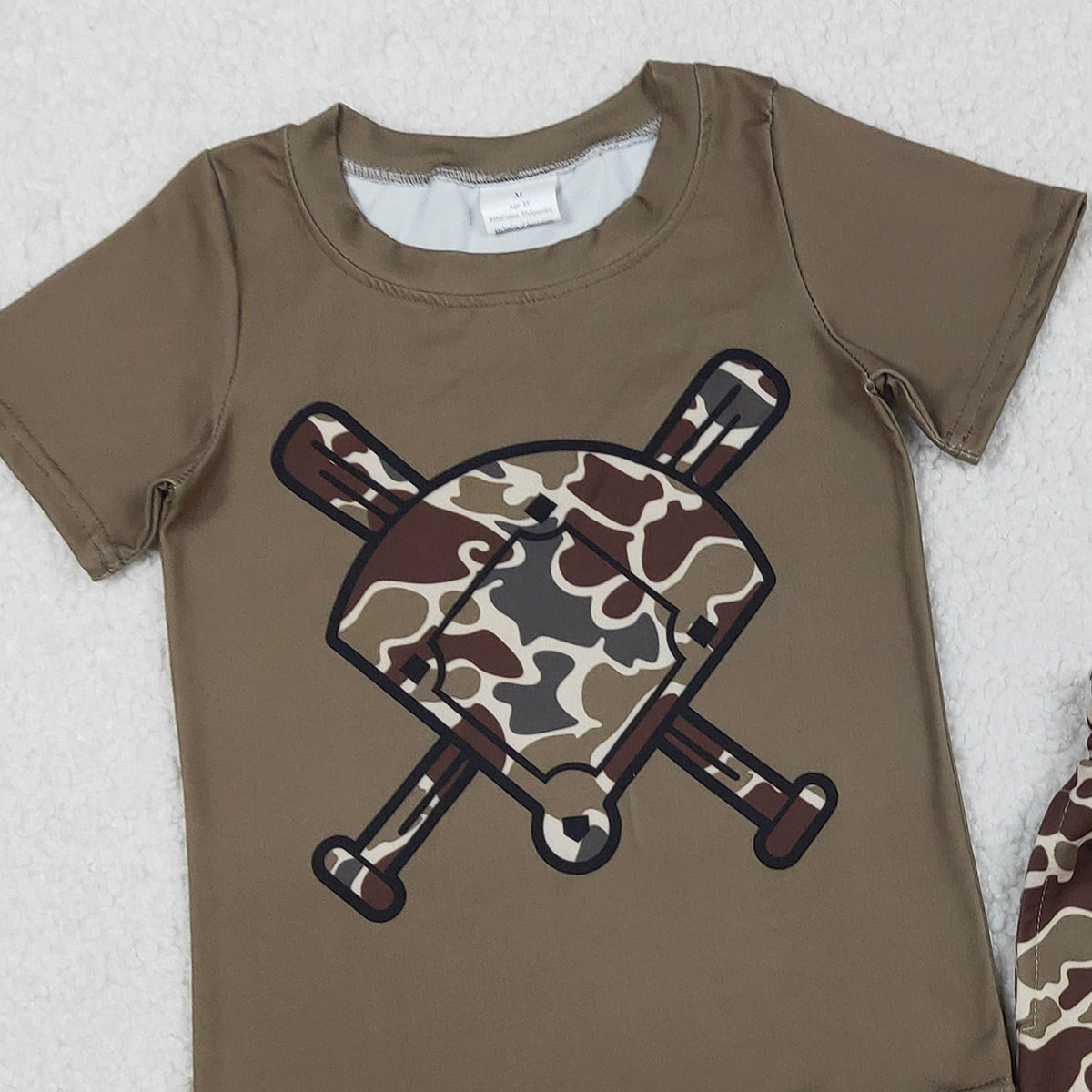 11.19 RTS NO MOQ （In stock）BT1425 Baby Boys Short Sleeve Dark Brown Dark Khaki Camo Baseballs Team T-shirts Top