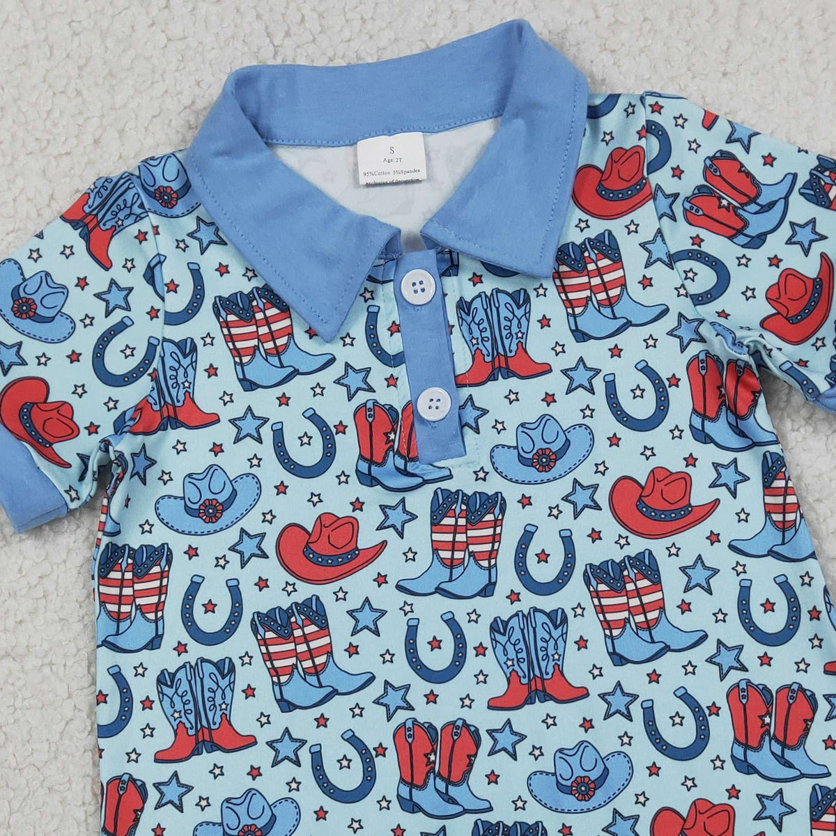 3.26 RTS NO MOQ （In stock）SR3884 Children's Fashion Romper Baby Boys Short Sleeve Blue Star Hat Boots 4th of July Western Button Rompers