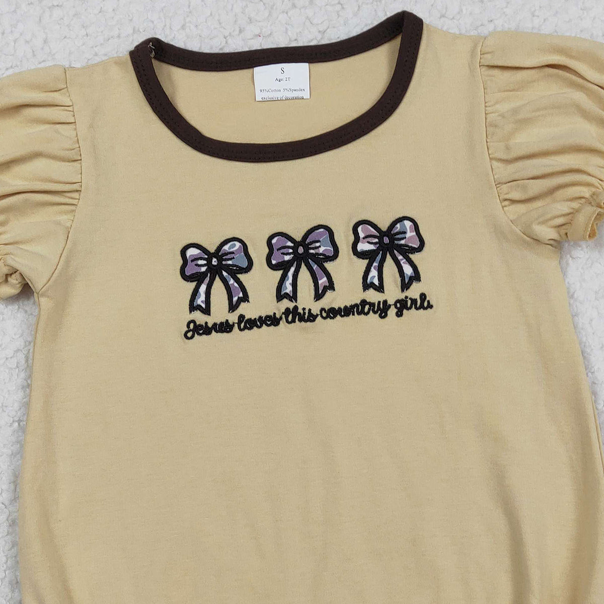 11.20 RTS NO MOQ （In stock）SR3281 Baby Girls Summer Rompers Embroidery Jesus Loves This Country Girls Camo Bows Ruffle Sleeve Rompers