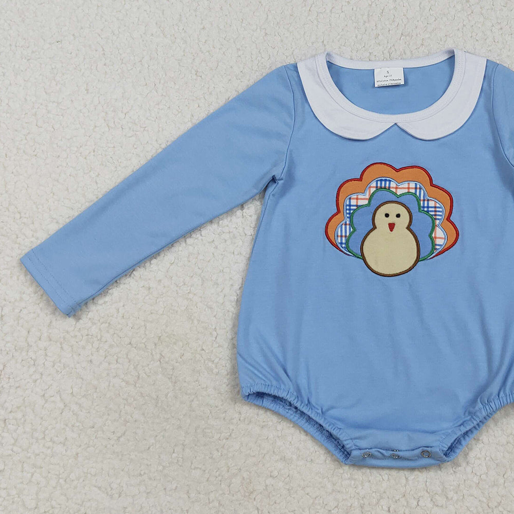 RTS NO MOQ （In stock）LR2261 Baby Boys Winter Rompers Embroidery Baby Boys Blue Long Sleeves Turkey Bummies Rompers