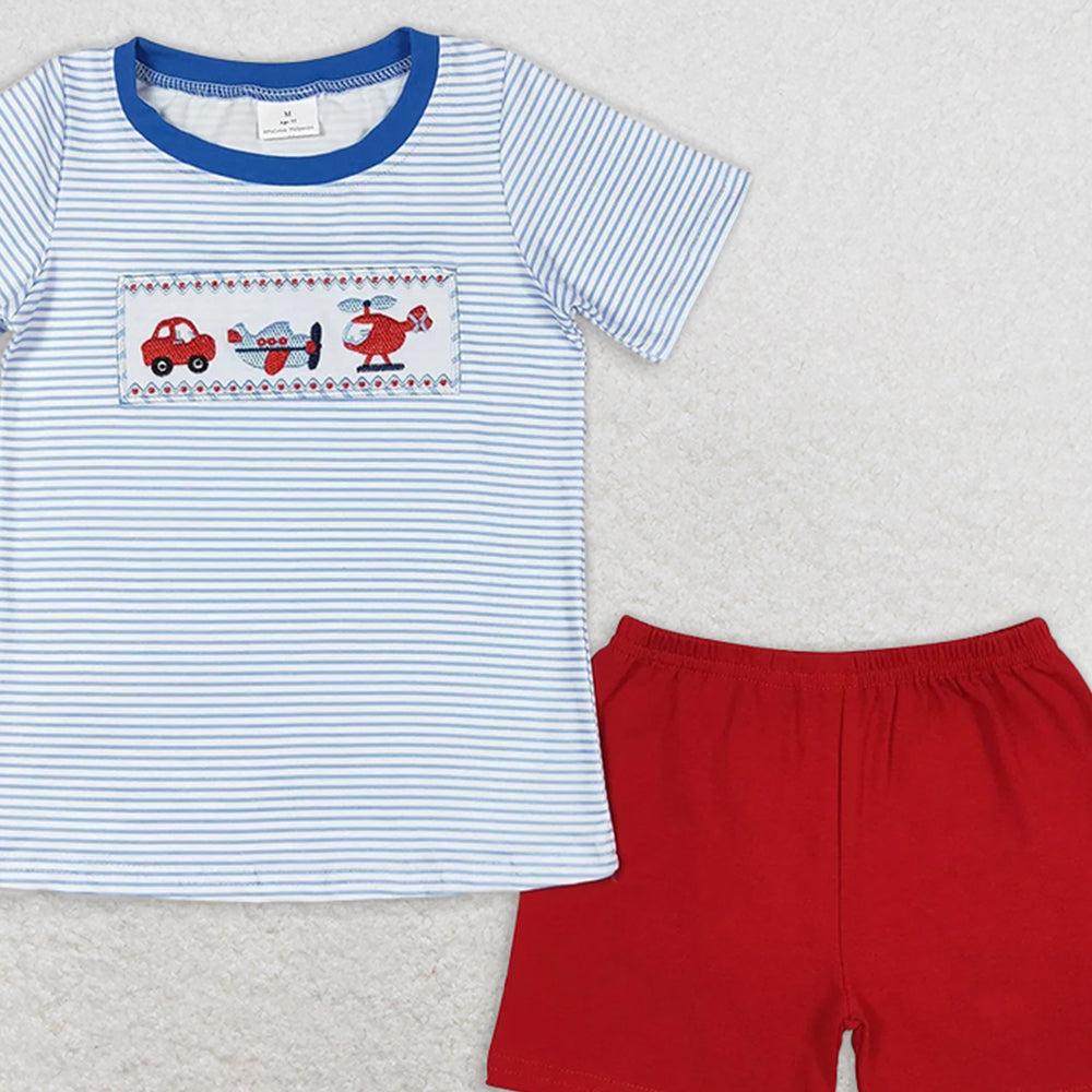 BSSO0649 RTS NO MOQ Baby Boys Summer Boys Outfits Baby Boys Blue Stripes Transpotation Shirt Shorts Clothes Sets