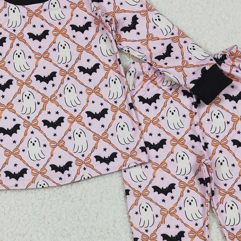 RTS NO MOQ （In stock）GLP2639 Baby Girls Winter Outfits Long Sleeves Bows Bats Ghosts Plaid Top Pant Pajamas Set