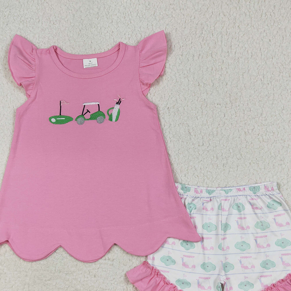 RTS NO MOQ （In stock）GSSO2660 Baby Girls Summer Outfits Embroidery Baby Girls Pink Flutter Sleeves Golf Truck Tunic Ruffle Shorts Set