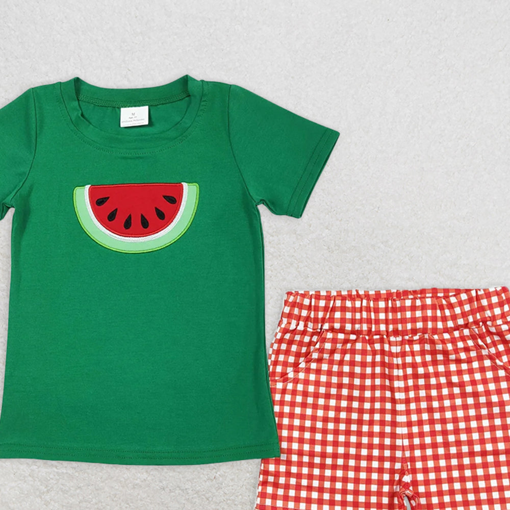 BSSO0345RTS NO MOQ Baby Boys Summer Boys Outfits  Baby Boys Watermelon Short Tee Summer Shirts Checkered Shorts Clothes Sets