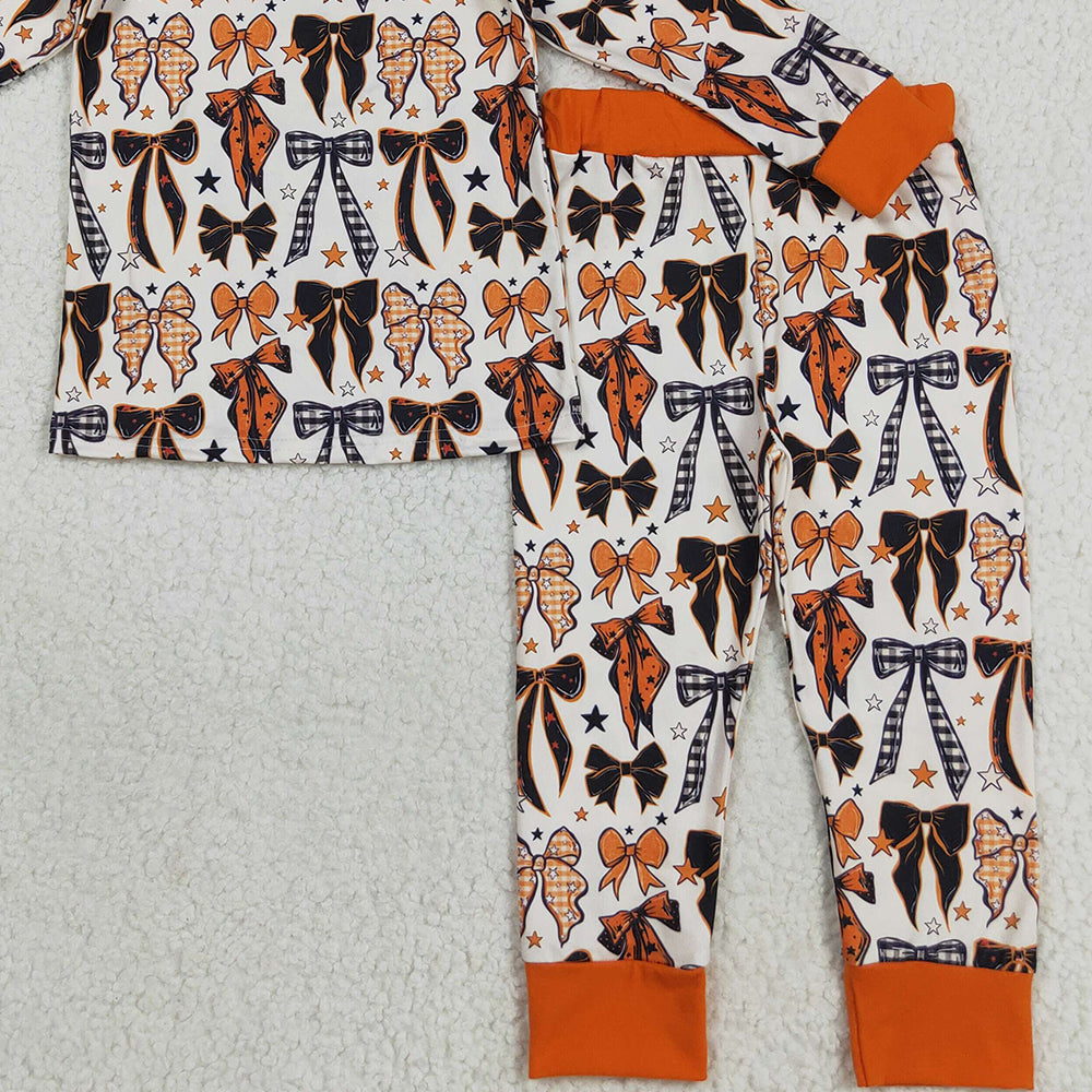 8.23 RTS NO MOQ （In stock）GLP2573 Baby Girls Winter Outfits Baby Girls Colorful Bows Stars Plaid Top Pant Halloween Pajamas Set