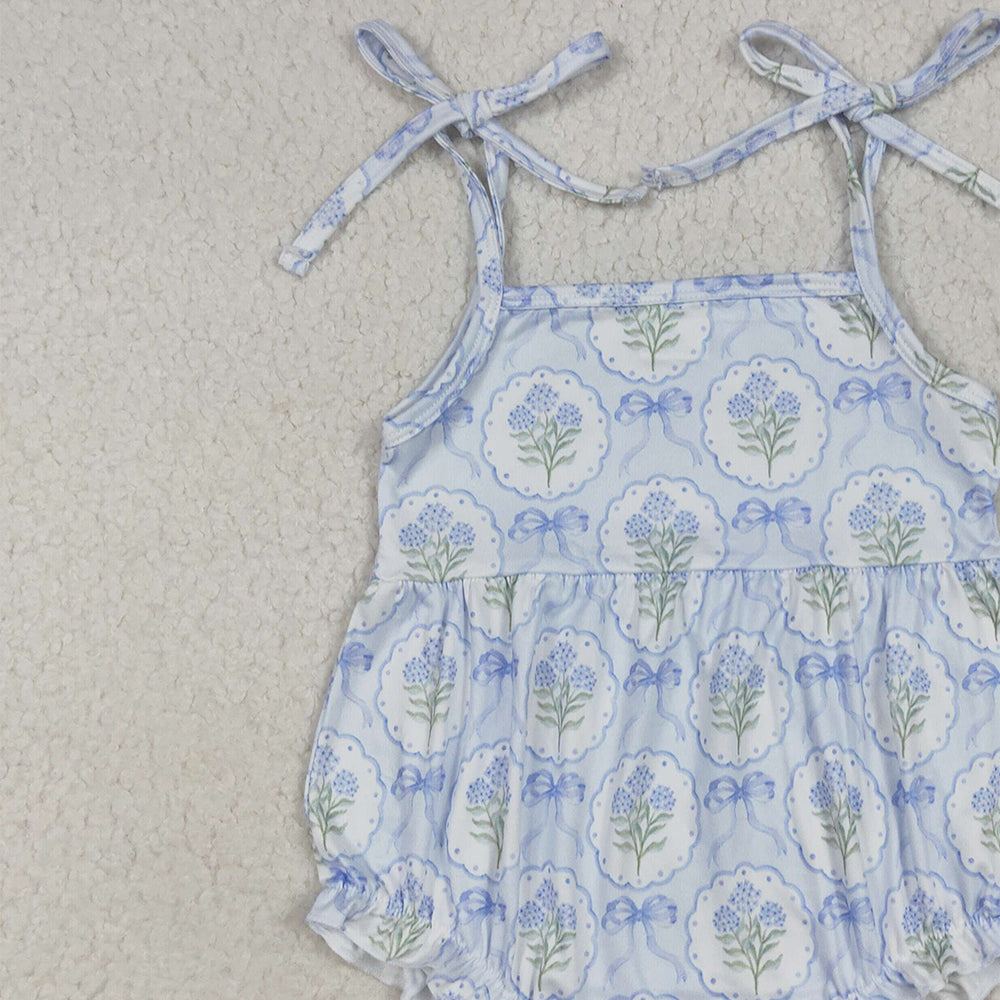 SR3117 RTS NO MOQ Baby Girls Summer Rompers Straps blue bow floral baby girls summer romper