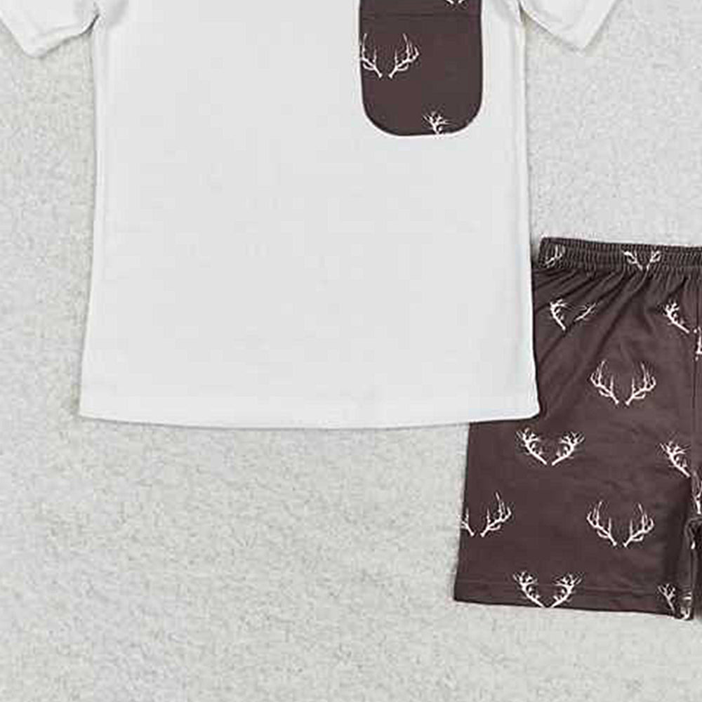 BSSO0896Boys Short Sleeve Deer Pocket Top Shorts Set Casual Comfortable Clothing for Kids