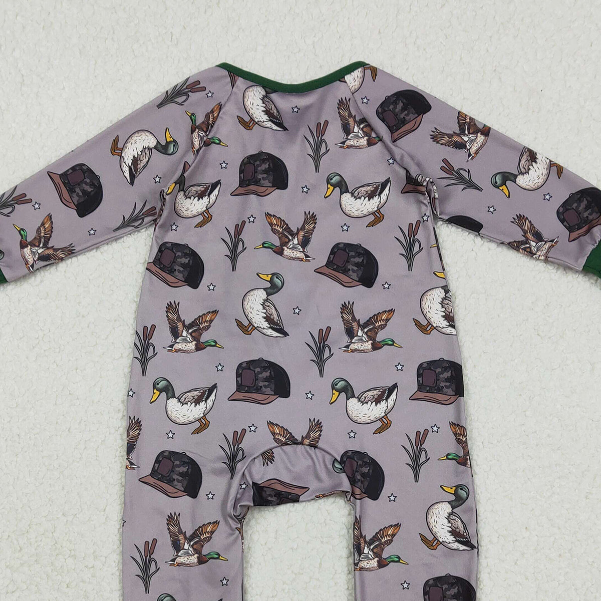 12.13 RTS NO MOQ （In stock）LR2886 Baby Girls Winter Rompers Baby Boys Camo Hats Ducks Hunting Two Way Zip Convertible Rompers