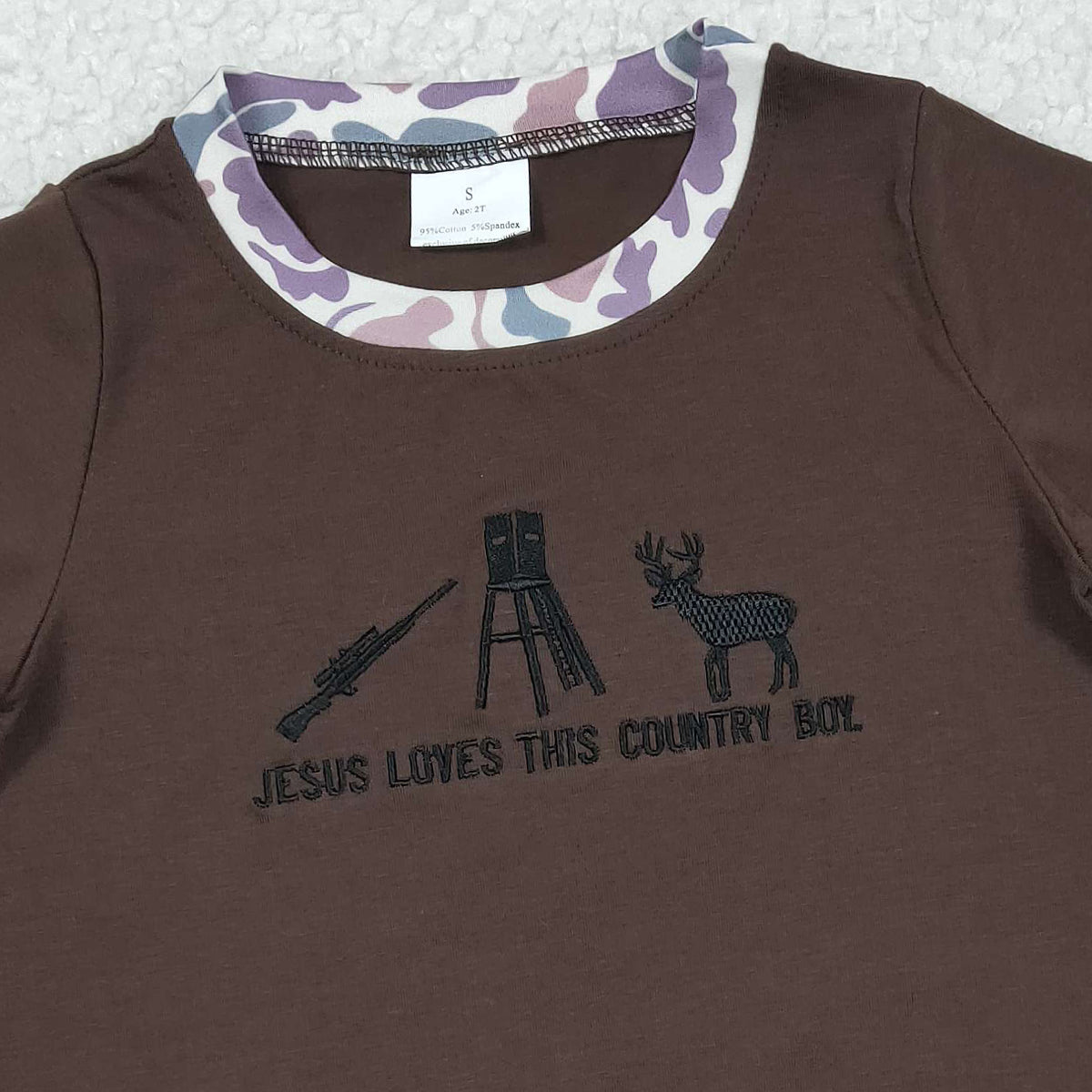 11.12 RTS NO MOQ （In stock）SR3280 Baby Boys Summer Rompers Embroidery Jesus Love Me Deer Baby Boys Hunting Rompers