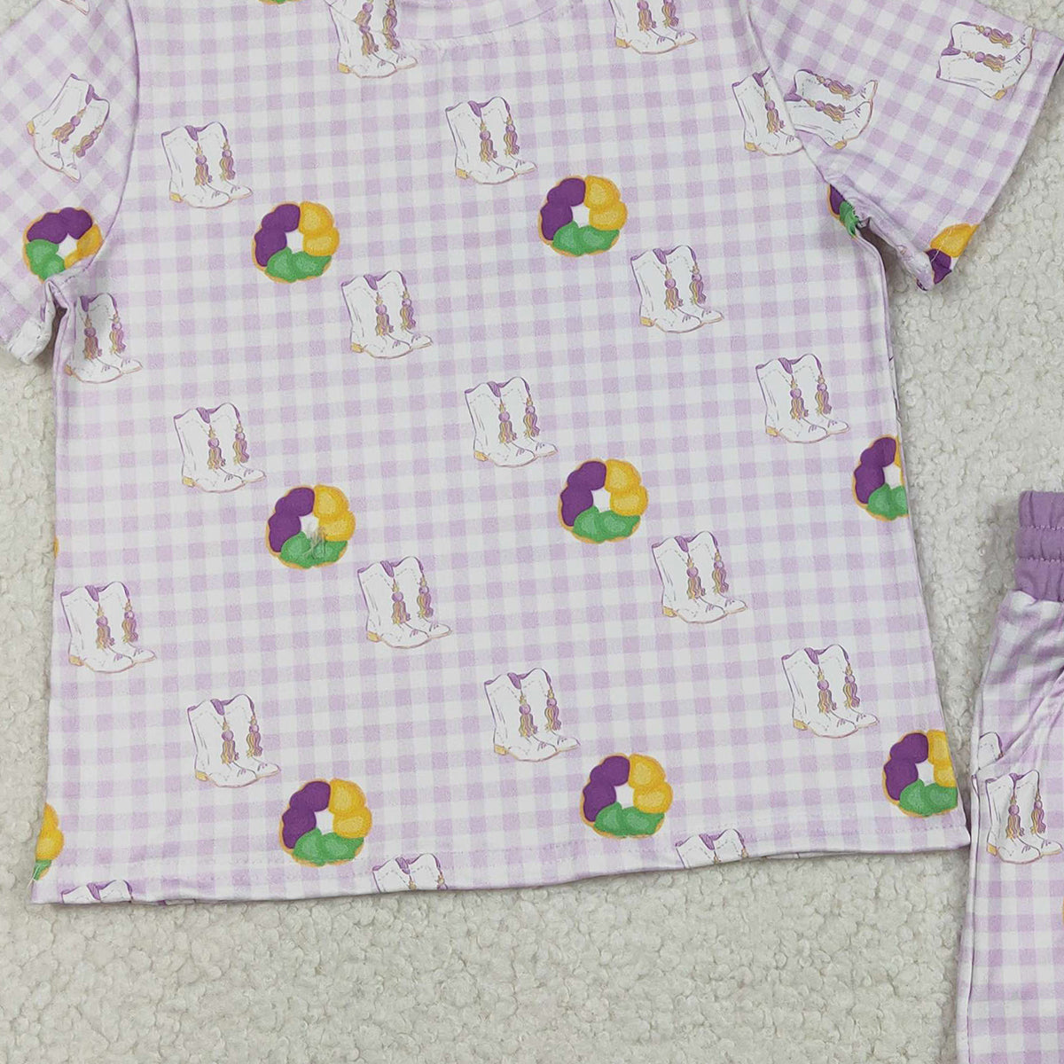 12.9 RTS NO MOQ （In stock）GSSO2740 Baby Girls Mardigras Boot Donuts Checked Top Pockets Shorts Clothes Sets