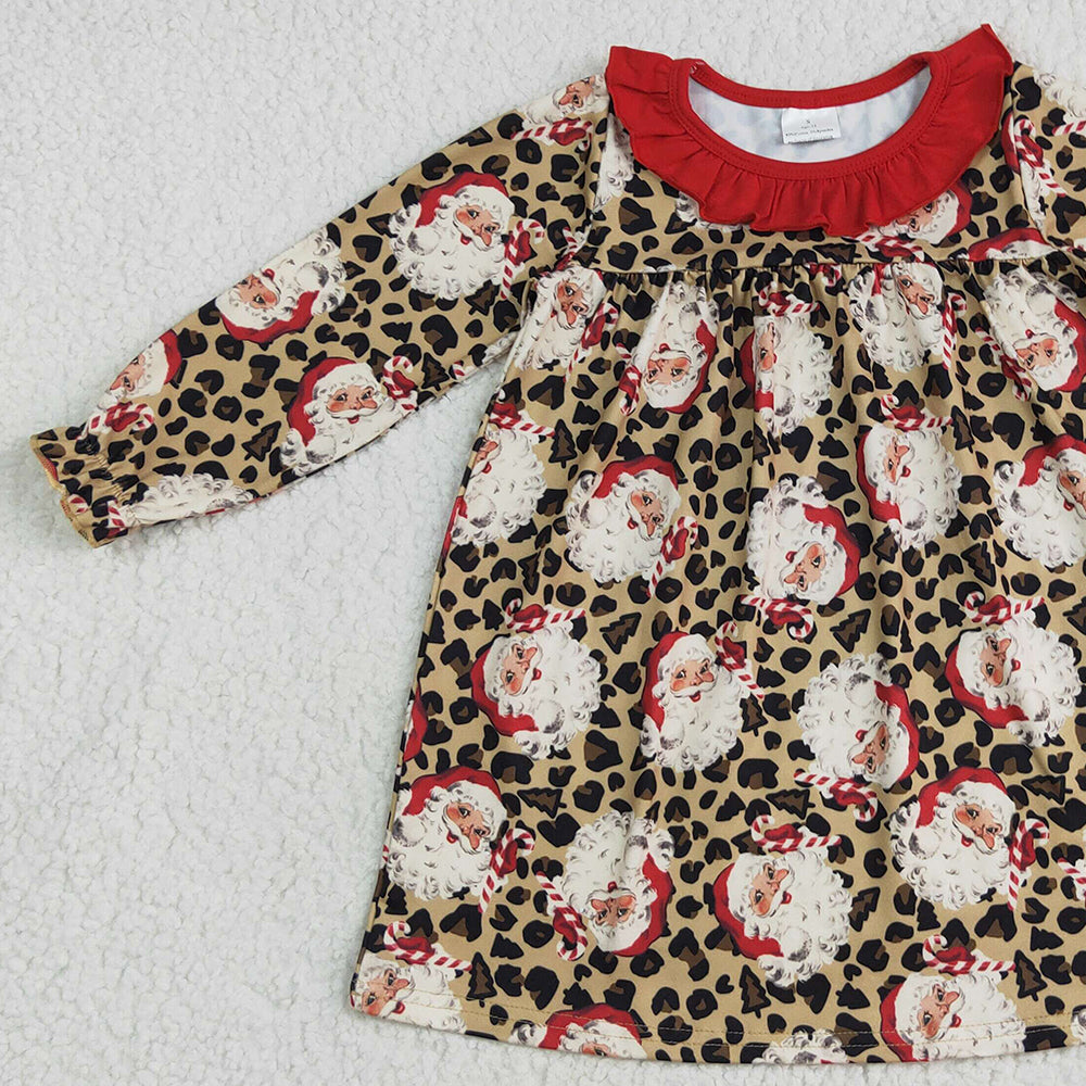 8.13  GLD1065 RTS NO MOQ Baby Girls Winter Dress Baby Girls Christmas Santa Leopard Knee Length Dresses