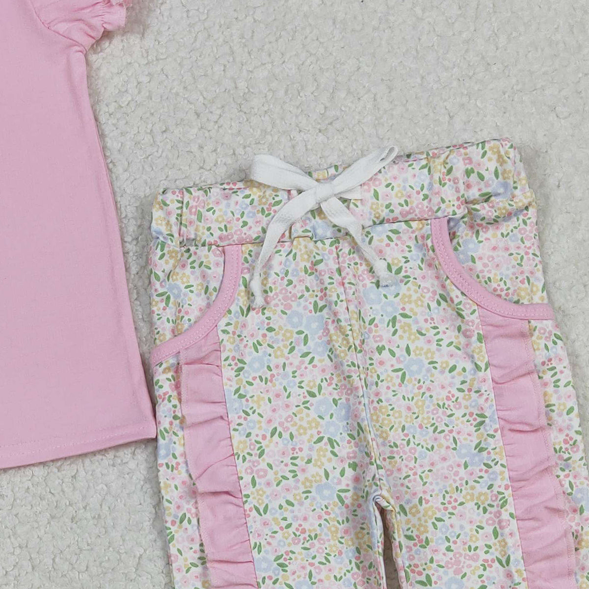 12.8 RTS NO MOQ （In stock）GSPO2060 Embroidery Floral Bows Baby Girls Shirt Pockets Ruffle Leggings Clothes Set
