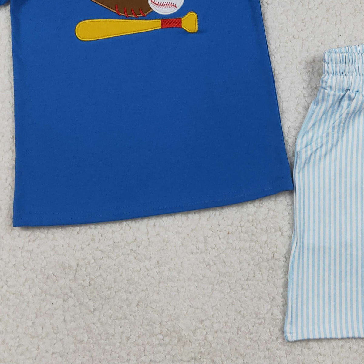 1.27 RTS NO MOQ （In stock）BSSO1670 Embroidery Baseballs Baby Boys Blue Top Pockets Stripe Shorts Team Clothes Sets