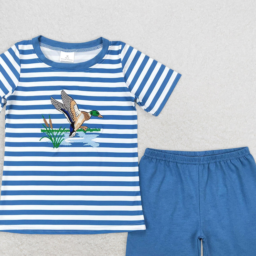 BSSO0308 RTS NO MOQBaby Boys Summer Boys Outfits Baby Boys Blue Stripes Duck Tee Shirts Tops Shorts Clothing Sets