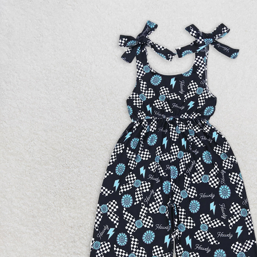 SR2466RTS NO MOQ Baby Girls Summer Jumpsuits Trendy Straps Turquoise Bow Howdy Western Jumpsuit for Fashionable Girls