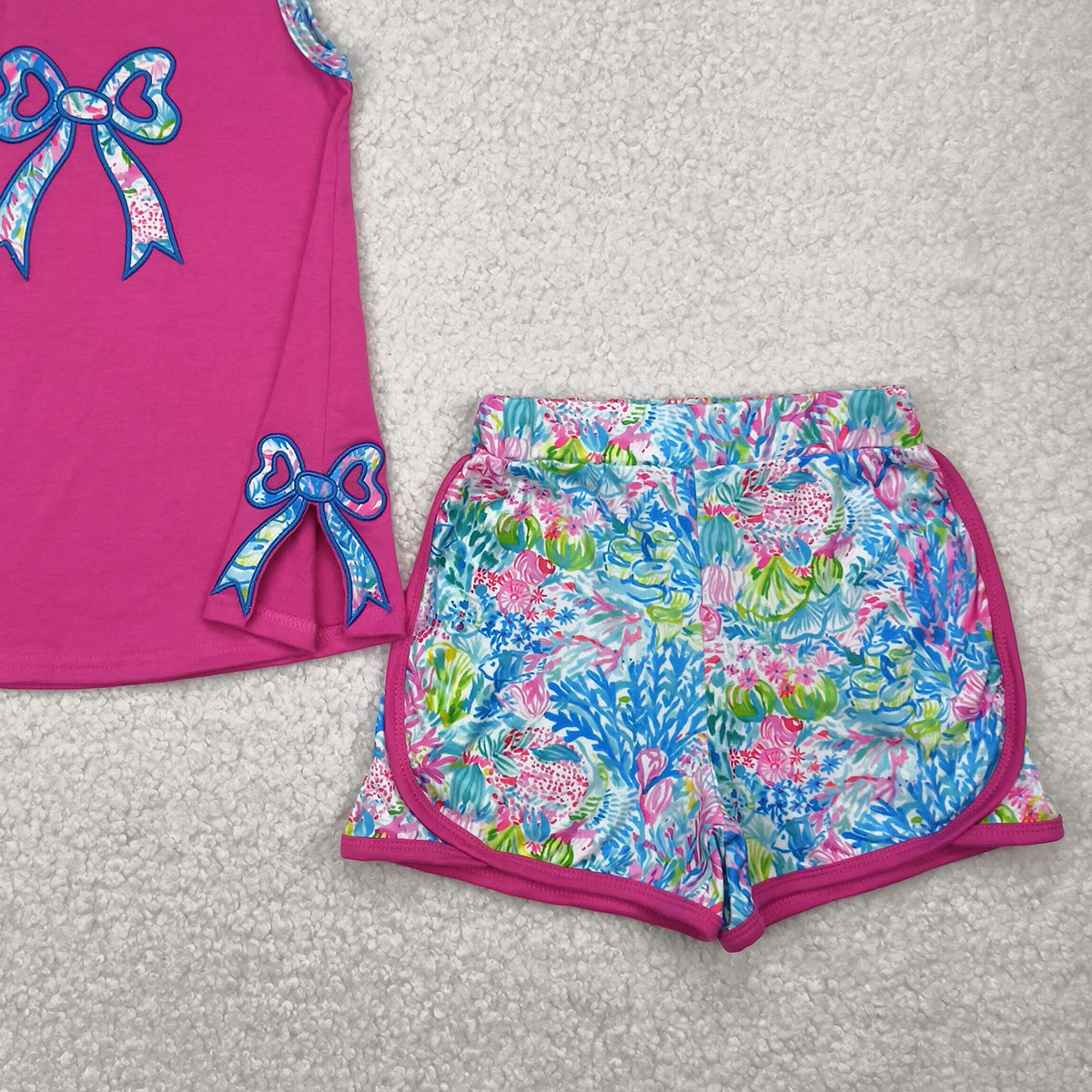 5.20 GSSO2149 RTS NO MOQ Baby Girls Summer Outfits Embroidery Baby Girls Bow Tunic Top Flowers Shorts Clothes Sets