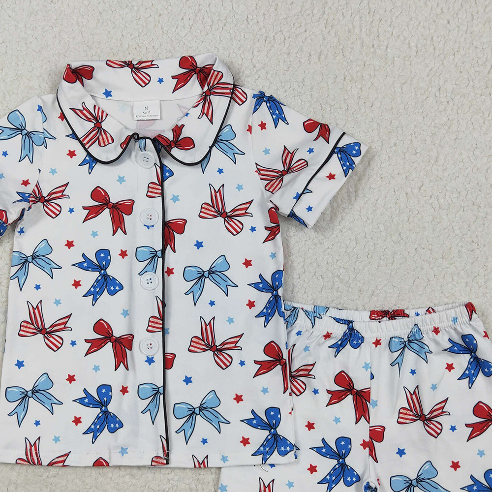 5.20  GSSO2484 RTS NO MOQ Baby Girls Summer Outfits Short sleeves blue red bow kids girls 4th of july pajamas