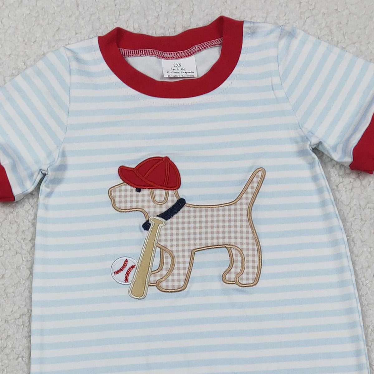 12.2 RTS NO MOQ （In stock）SR3330 Baby Boys Rompers Embroidery Dog Baseballs Baby Boys Stripe Team Footie Rompers