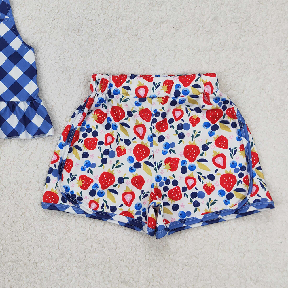 6.11   GSSO2025 RTS NO MOQ Baby Girls Summer Outfits Baby Girls Blue Plaid Sleeveless Button Down Tunic Strawberry Short Set