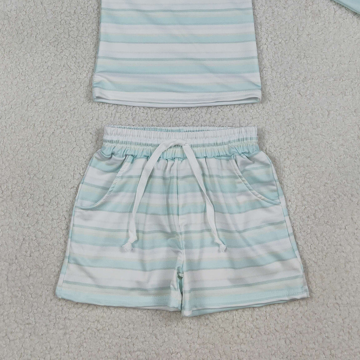 3.17 RTS NO MOQ （In stock）S0649 Baby Boys Summer Fashion Light Blue Stripe Top Pockets Shorts Swimsuits