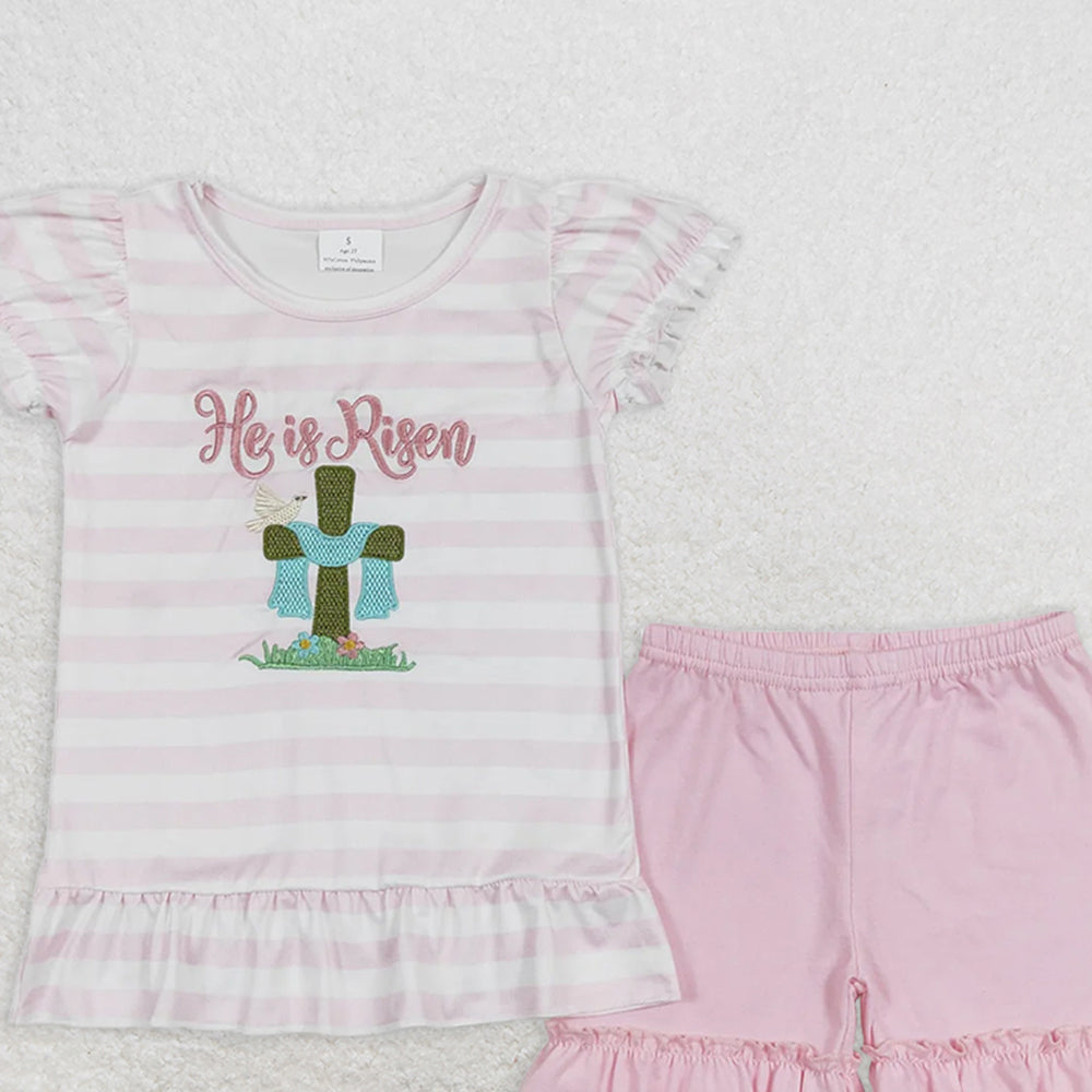 GSSO0382 RTS NO MOQ Baby Girls Summer Outfits He is risen embroidered cross pink and white striped shorts set