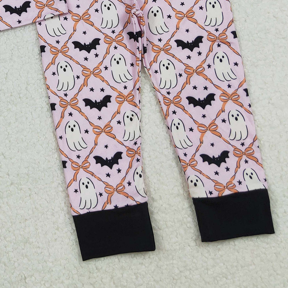 RTS NO MOQ （In stock）GLP2639 Baby Girls Winter Outfits Long Sleeves Bows Bats Ghosts Plaid Top Pant Pajamas Set