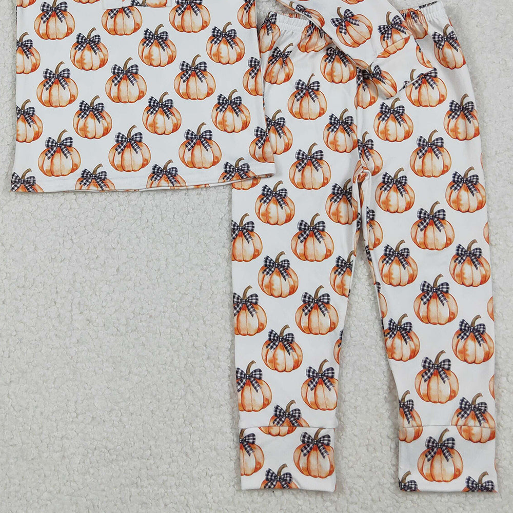 RTS NO MOQ （In stock）GLP2700 Baby Girls Winter Outfits Bows Pumpkins Button Top Pants Fall Pajamas Sets
