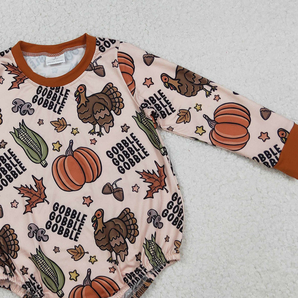 RTS NO MOQ （In stock）LR2447 Baby Boys Winter Rompers Thanksgiving Turkey Pumpkins Gobble Rompers