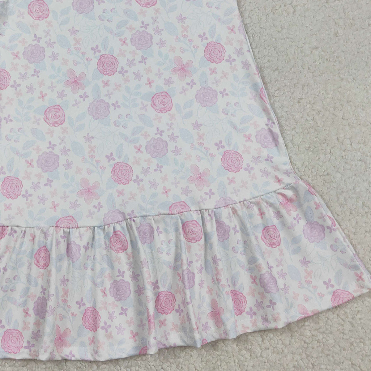 3.14 RTS NO MOQ （In stock）GSD3717 Kids Fashion Clothes Baby Girls Short Sleeve Pink Lavender Flowers Ruffle Knee Length Dresses